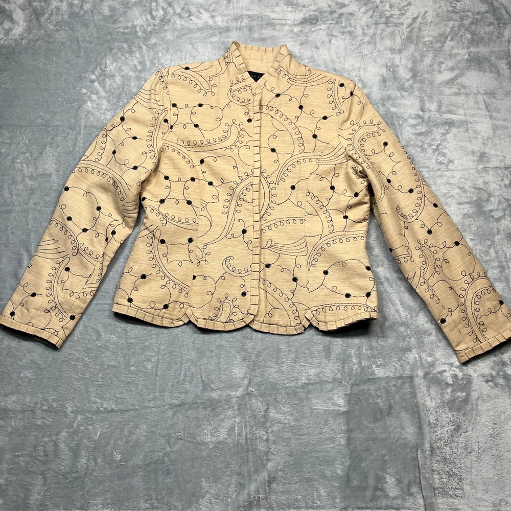Silk Land Jacket Women Tan‎ Silk Blend Embroidered Scalloped Pleated Hem L